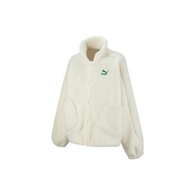 Solid Color Logo Embroidered Faux Shearling Jacket Women Jacket Pure-White 539954-65