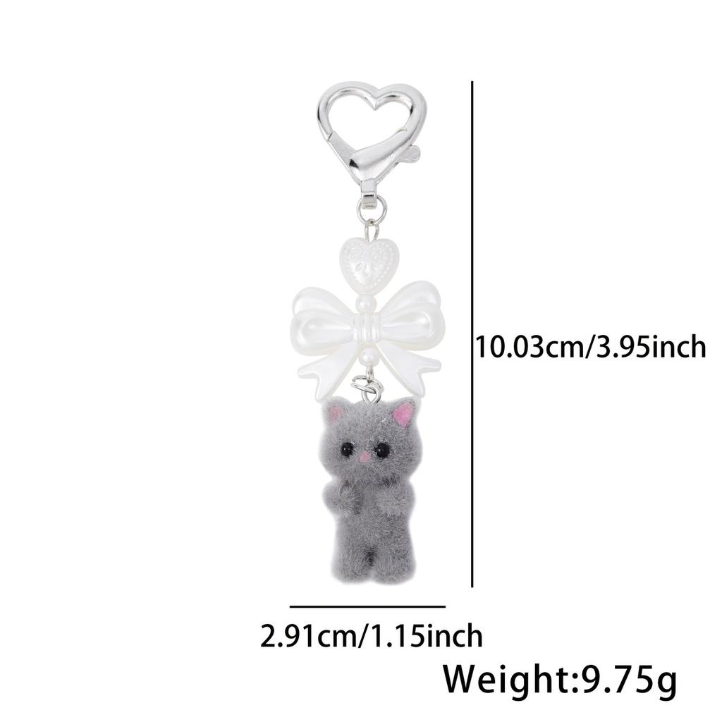 Cute Cartoon Flocking Cat Keychain Y2K Heart Bow Shaped Key Ring For Women Girls Handbag Backpack Pendant Decoration Gift