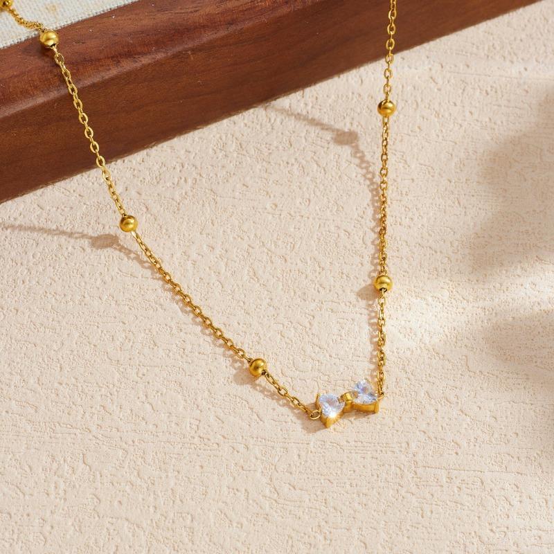 Gold Plated Bow Pendant Necklace with Beaded Chain Delicate Cubic Zirconia Choker