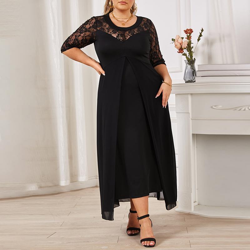 Damen Kleid Spitze Halbarm Sommer Frau Lange Kleider Frühling Casual Maxi Kleid Schwarz O-Ausschnitt Übergröße Kleider