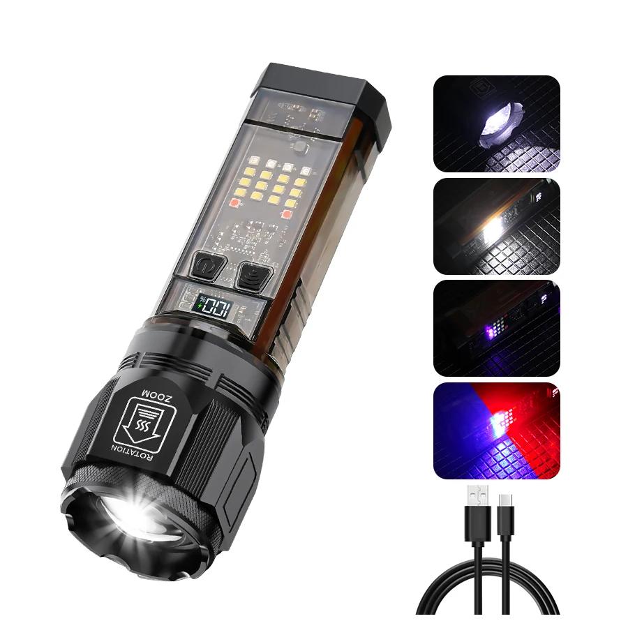 Powerful White Laser LED Flashlight Long Range 1000M Zoom Torch Lamp Solar Powered/USB Charging Outdoor Warning Flashing Light