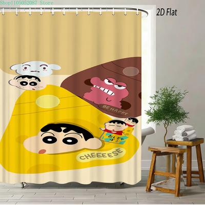Crayon Shin-Chan Cheese & Shiro 2D Print Waterproof Shower Curtain, Cute Cartoon Bathroom Decor With Hooks
