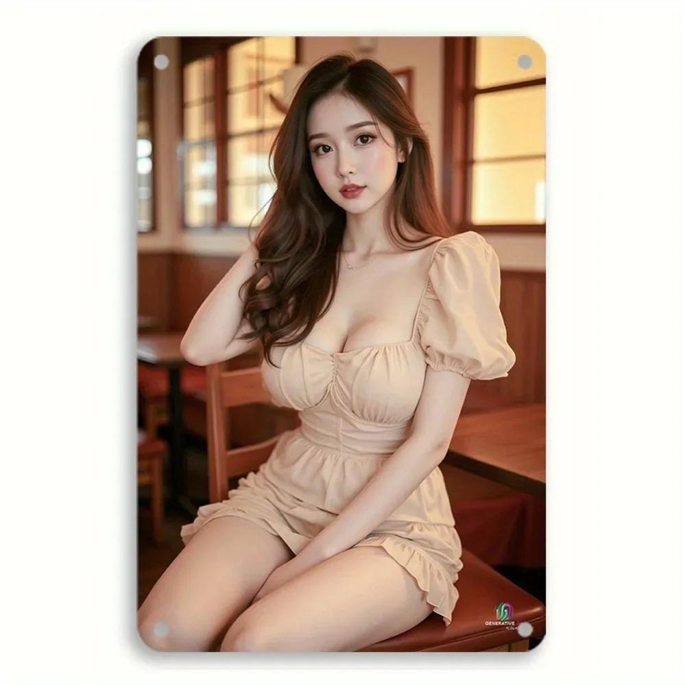 Vintage Metal Wall Art 8x12 Inch Elegant Lady White Dress Brown Hat Home Decor