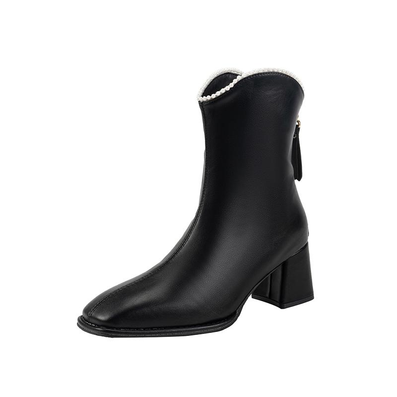 Beaded High Heels Ankle Boots Women Leather Shoes Brand Winter Chunky Fashion Shoes  Trend Classics Pumps Snow Botas Mujer