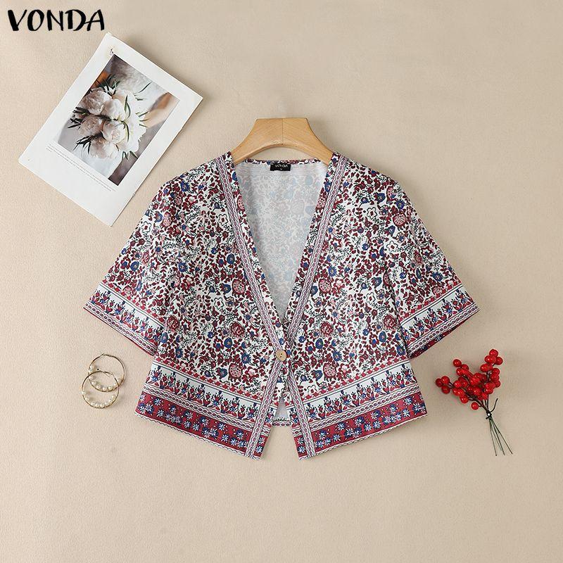 VONDA Summer Women Short Sleeve Floral Print Casual Holiday Bohemia Cropped Blouse Tops S красный