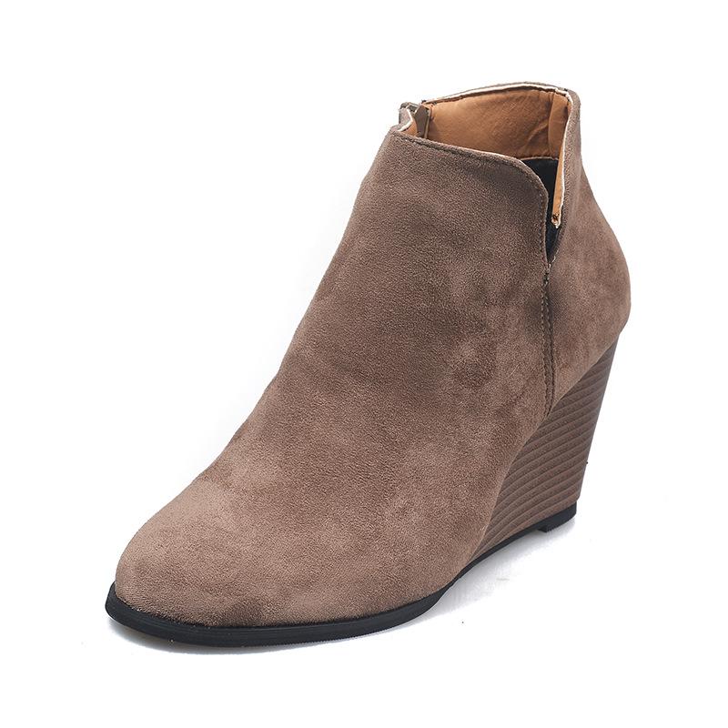 2021 Autumn/Winter Women's Large Size Wedge Leather Boots with Side Zipper