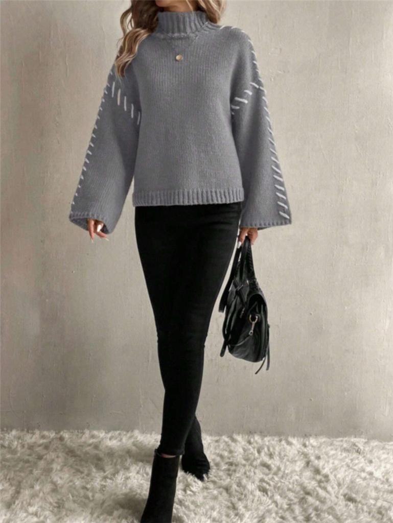 Women's High Neck Knitted Sweater Long Sleeve Striped Casual Pullover in Brown, Beige, Black, Gray