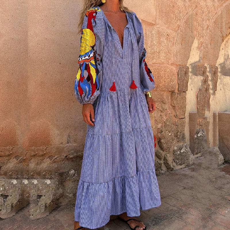 Vestido Longo Feminino Decote V Manga Lanterna Casual Plissado Feriado Estampado Solto Roupão