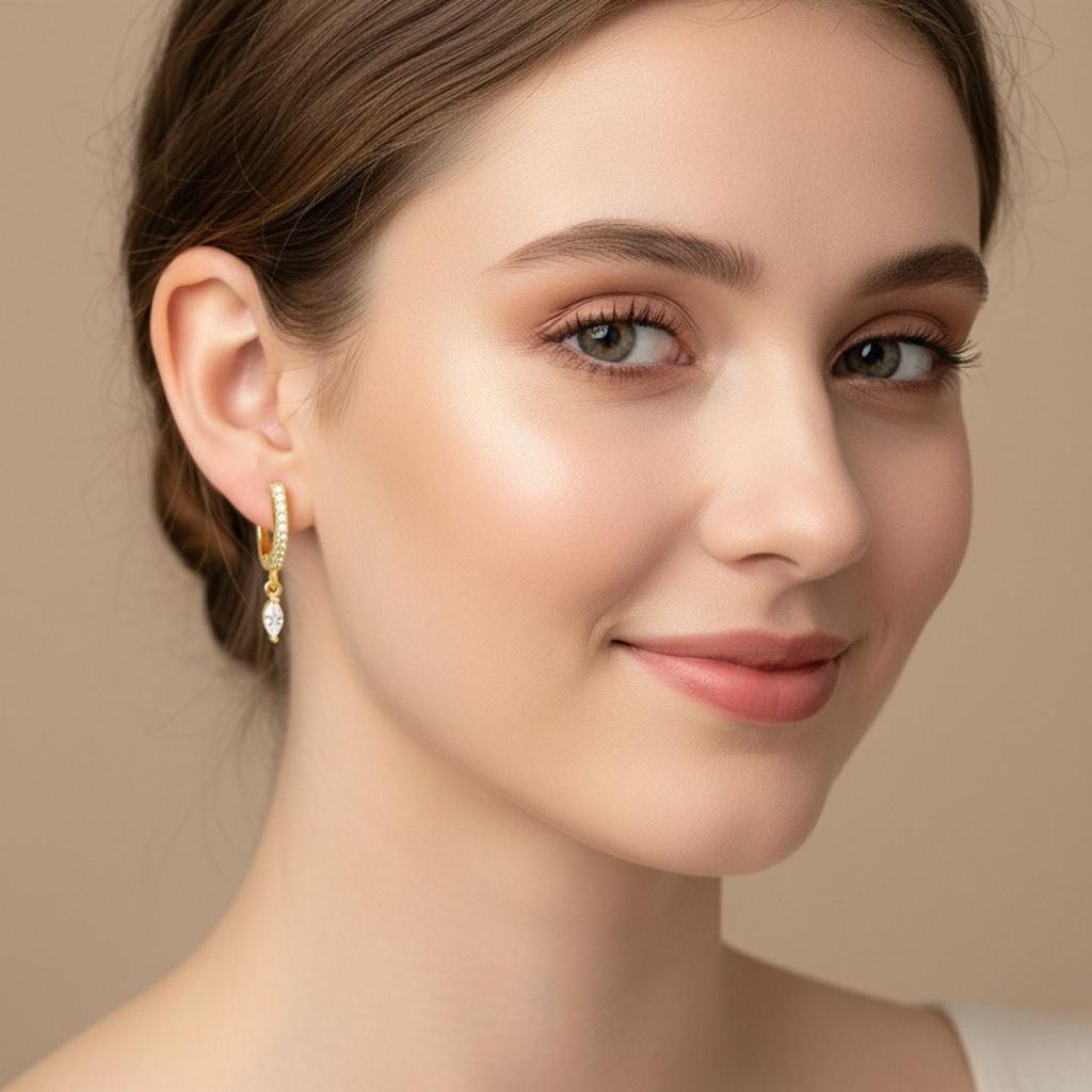 Pave Marquise Hängande Huggie Creolörhängen - 925 Sterling Silver Guldpläterade