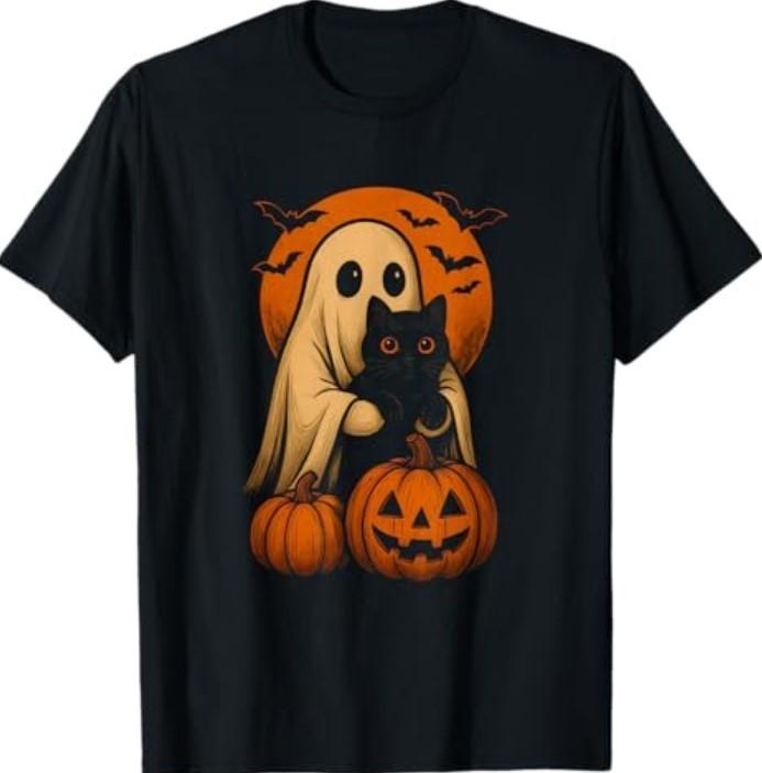 Cute Ghost and Cat with Pumpkin for Halloween Costume Party T-Shirt Unisex T-Shirt S