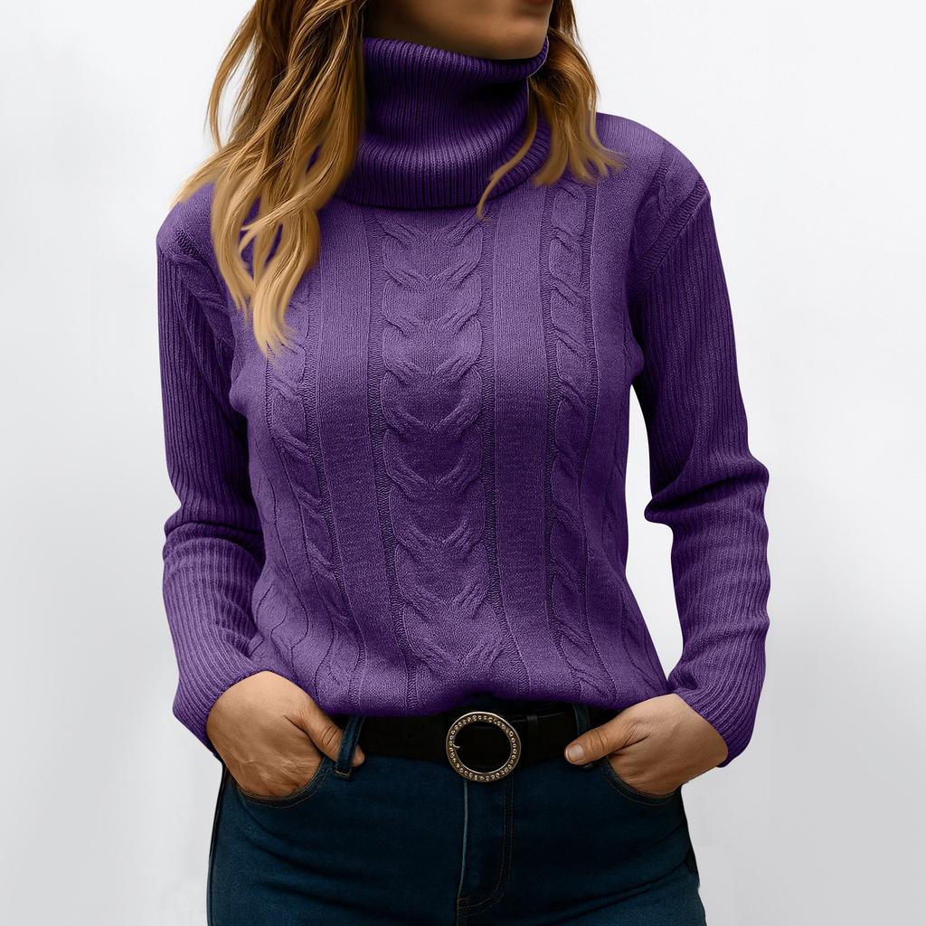 Women's Fashionable Solid Color High Neck Long Sleeved Sweater Pullover Sweater Top