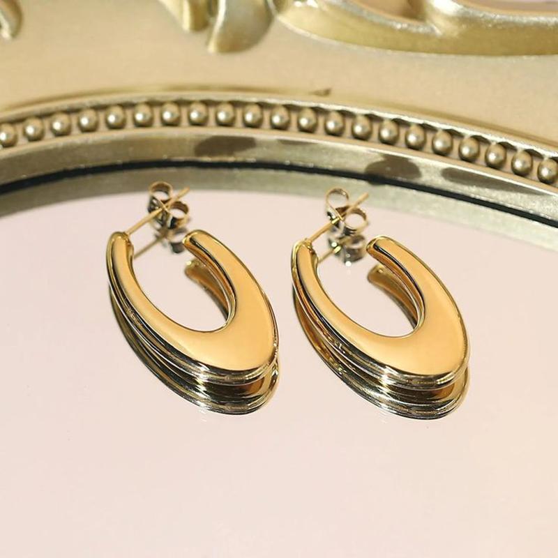 Exquisite Stainless Steel U Shape Hoop Earrings for Women 18K Gold Plated Waterproof Glossy Metal Hammered Earrings Punk Jewelry