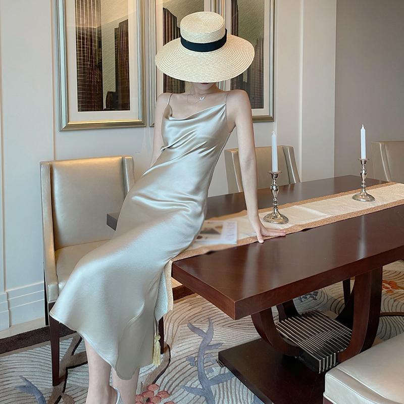 Strapskleid Damen Kleid Mittellang Taille abwärts Schmal Satin