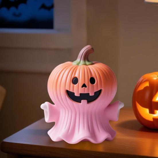 Halloween Statue Pumpkin Ghost Shape Figurine Pink Resin Statue Handheld Halloween Tabletop Decoration
