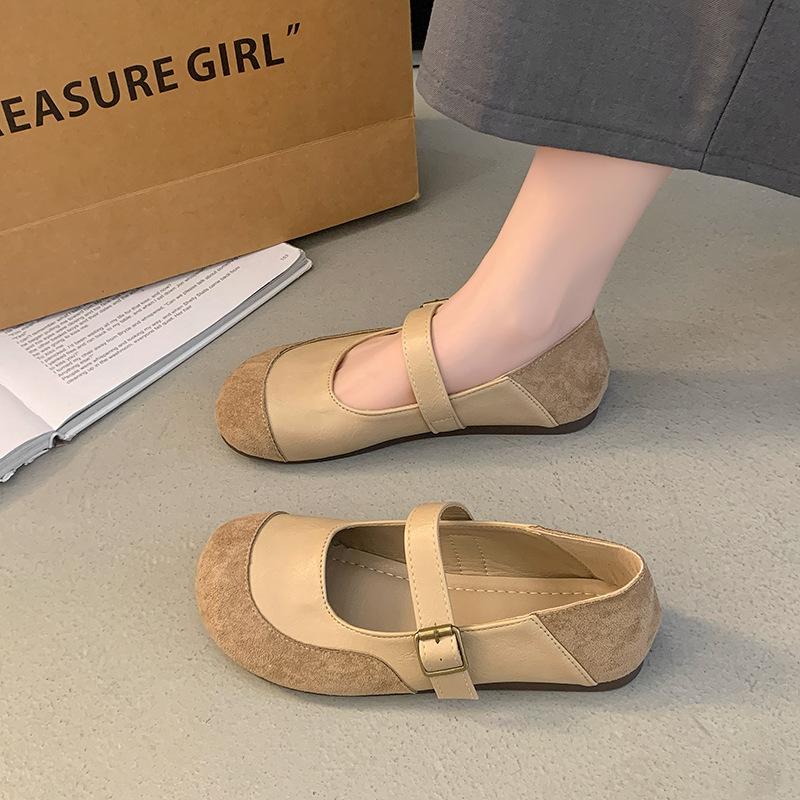 Outer wear round head splicing new soft-soled single shoes belt buckle flat-soled women's Mary Jane shoes versatile spring and summer 2025