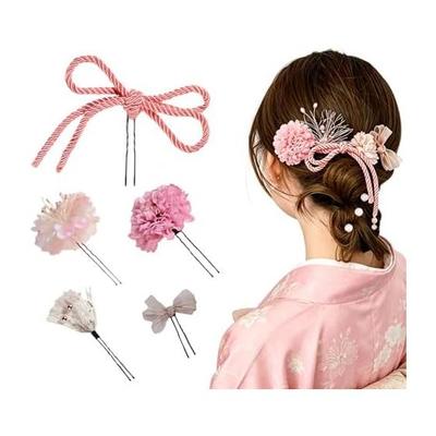 Hair Ornaments for Yukata [Set of 5] Tsumami Zaiku Hairpins - Popular, Stylish, Handmade for Weddings, Graduations, Coming-of-Age Ceremonies,