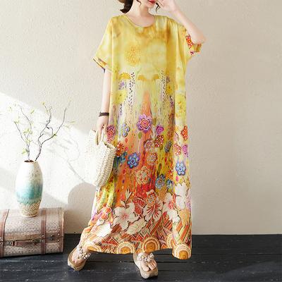 DIMANAF 2025 Summer Women Plus Size Dress Basic Casual Dress Loose Vintage Floral Printing Long Beach Dress