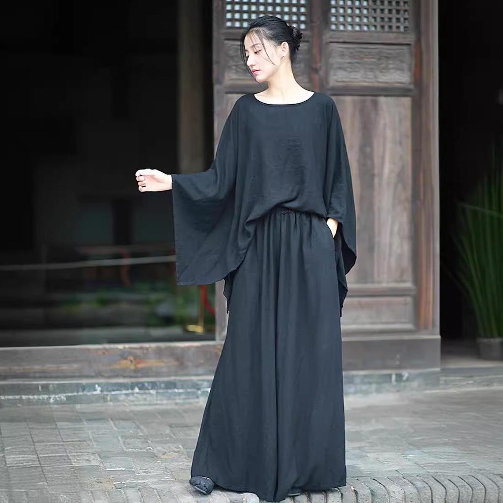 Damski Retro Cool Lniany Zestaw Top & Spodnie z Szerokimi Nogawkami - Dostępny w 3 Kolorach