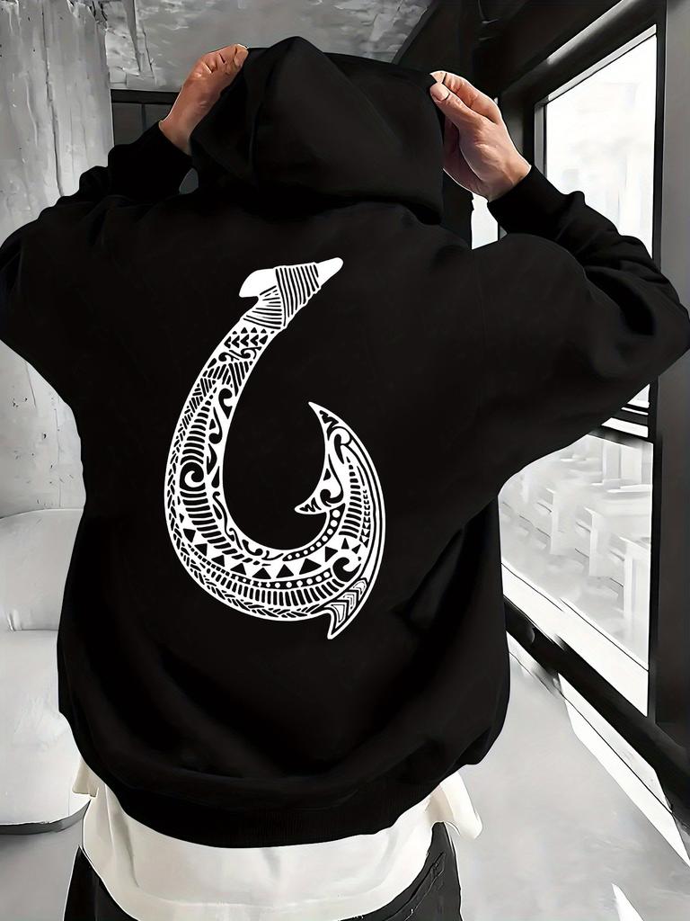 Men's Fashion Hoodie with High-Definition Maori Fishhook Pattern on the Back; Suitable for Casual Street Wear; Outdoor Loose-Fitting Warm Sports Shirt