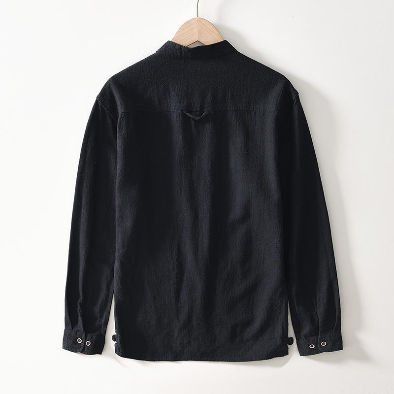 Chinese Style Long Sleeve Men Shirt Traditional Men Clothing Solid Color Stand Collar Cotton Linen Button Shirt Daily Casual Tops Big Pockets