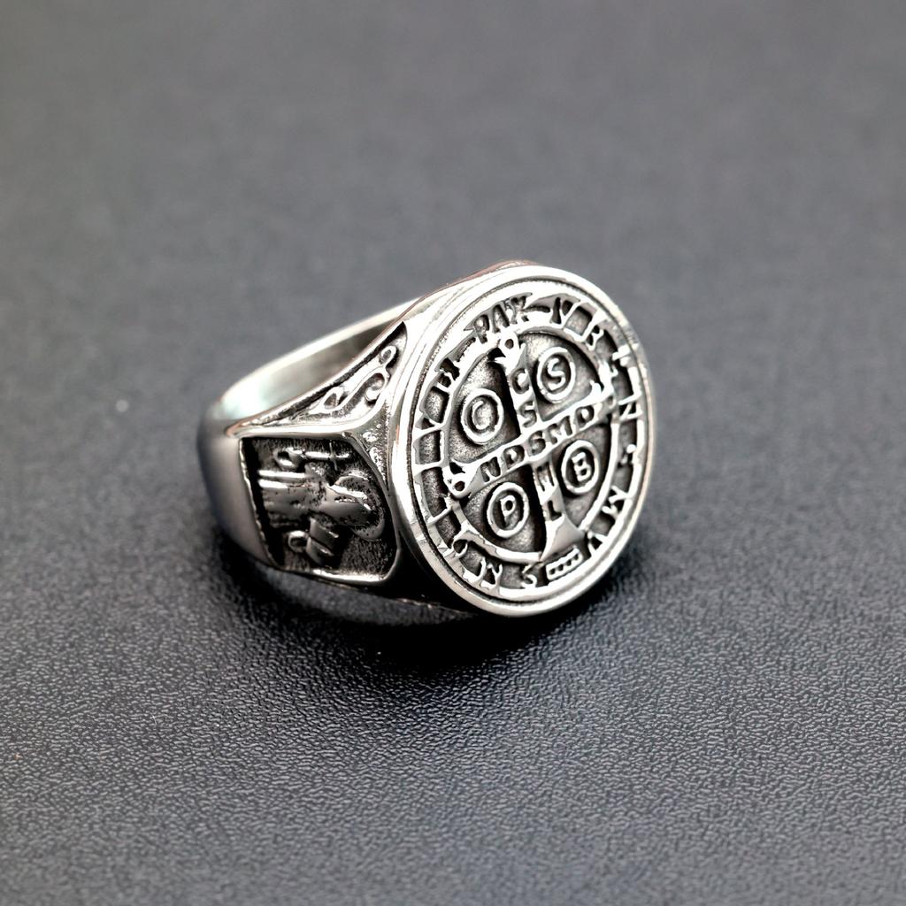 Antique Stainless Steel Men's St Benedict Cross Exorcism Ring