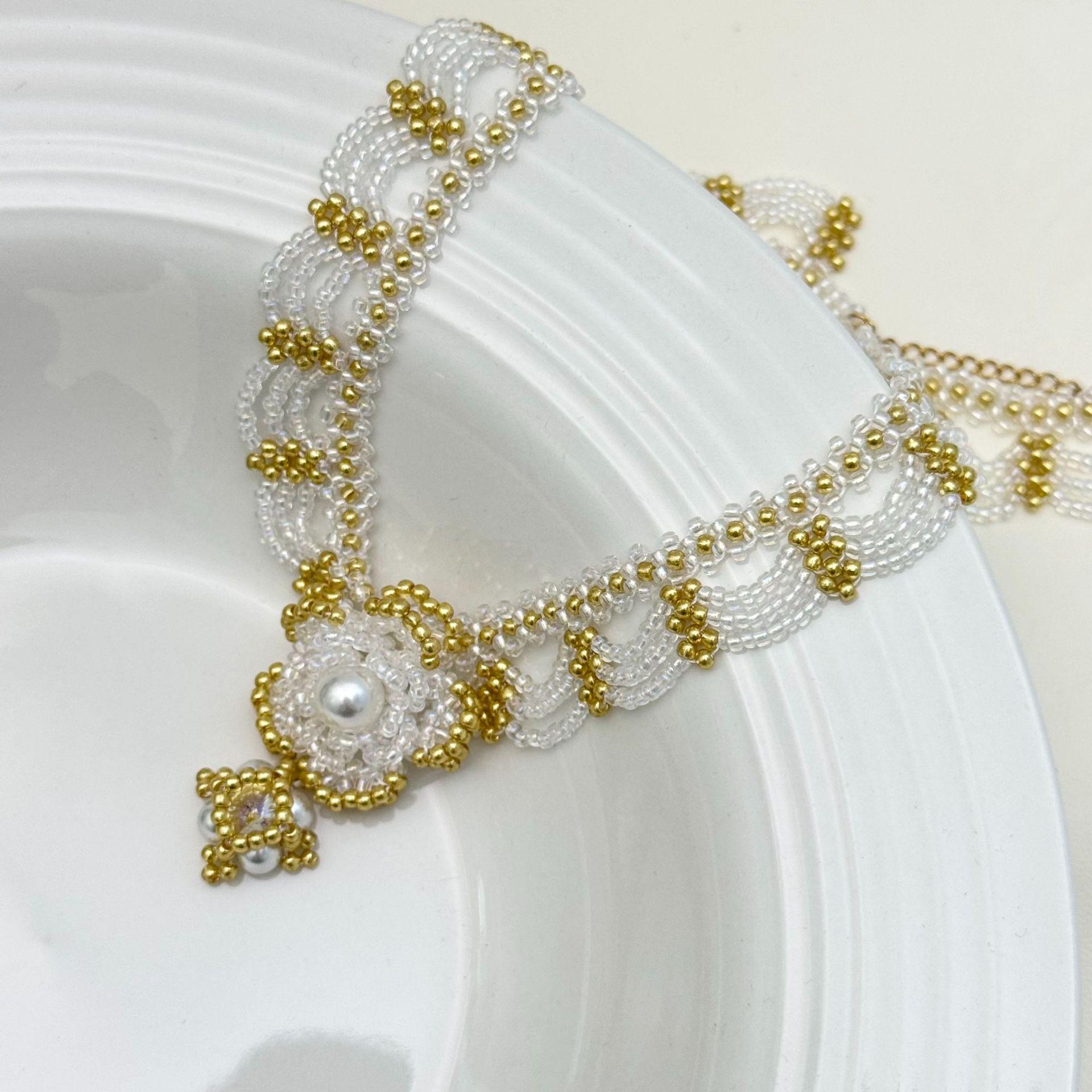 Multicolor Retro Black Flower Beaded Lace Necklace Women Vintage Style Luxury Clavicle Chain