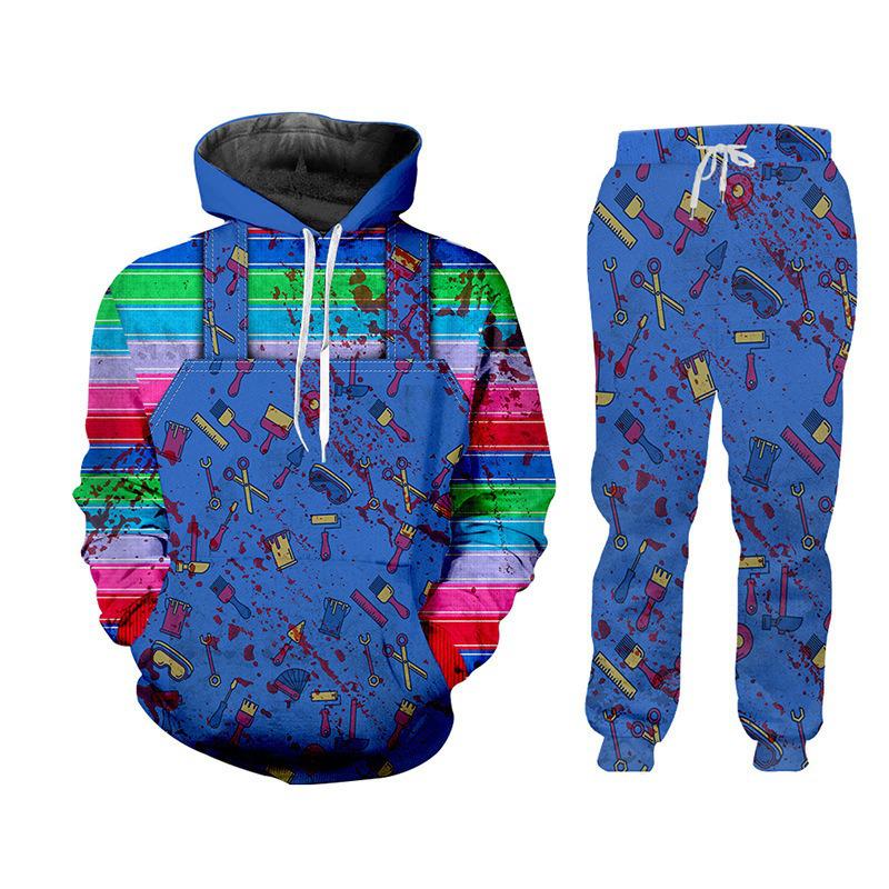 Horror-Charakter Geistpuppe Chucky Cosplay Hoodie & Hosen-Set