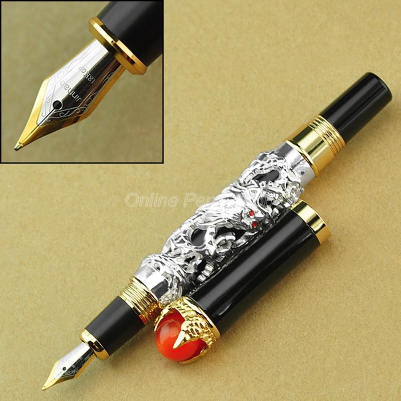 Jinhao Oro Brillante Metallo Drago Antico Re Intaglio Perla Goffratura Pennino Medio Pennino Stilografica Ufficio Scuola Cancelleria