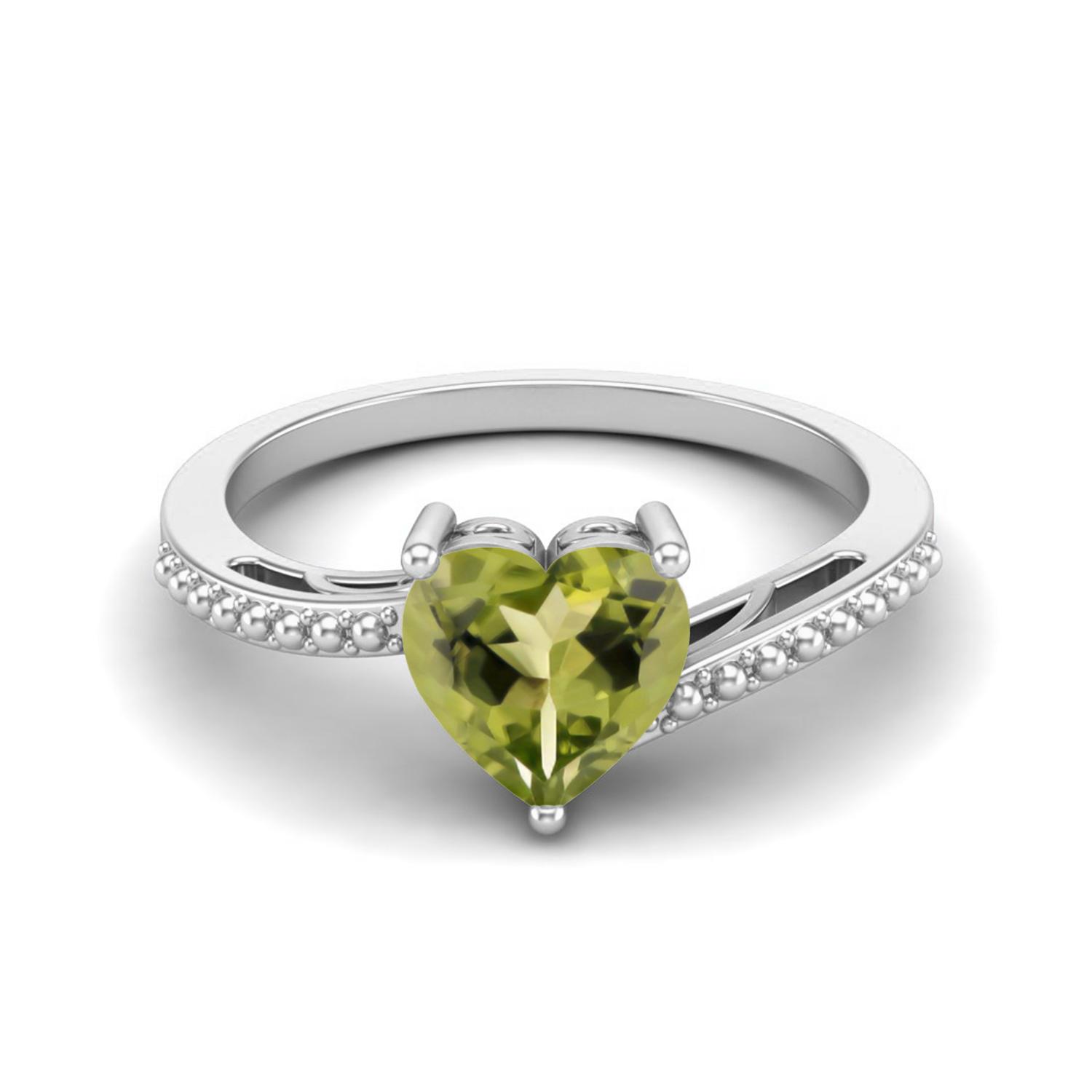 7mm Heart Peridot 925 Sterling Silver Solitaire Beaded Shank Women Wedding Ring 7