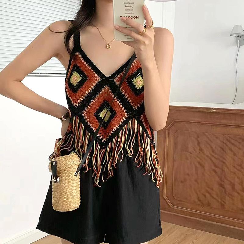 

Женские трикотажные укороченные топы без кисточки с кисточками Camis Вязаный крючком Camisole хлопчатобумажный V-образный вырез без рукавов Y2K