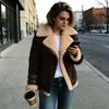 Women Motorcycle Style Loose Mid Length Suede Lamb Wool Cotton Coat