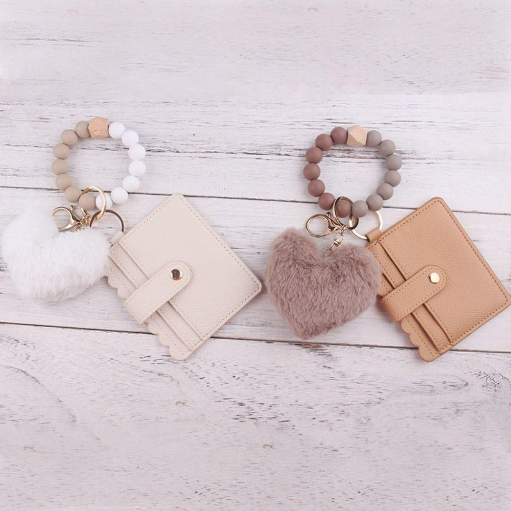 Silicone Beaded Wristlet Keychain Tassel Design Leather Tassel Wallet Keychain  Daily Accessory