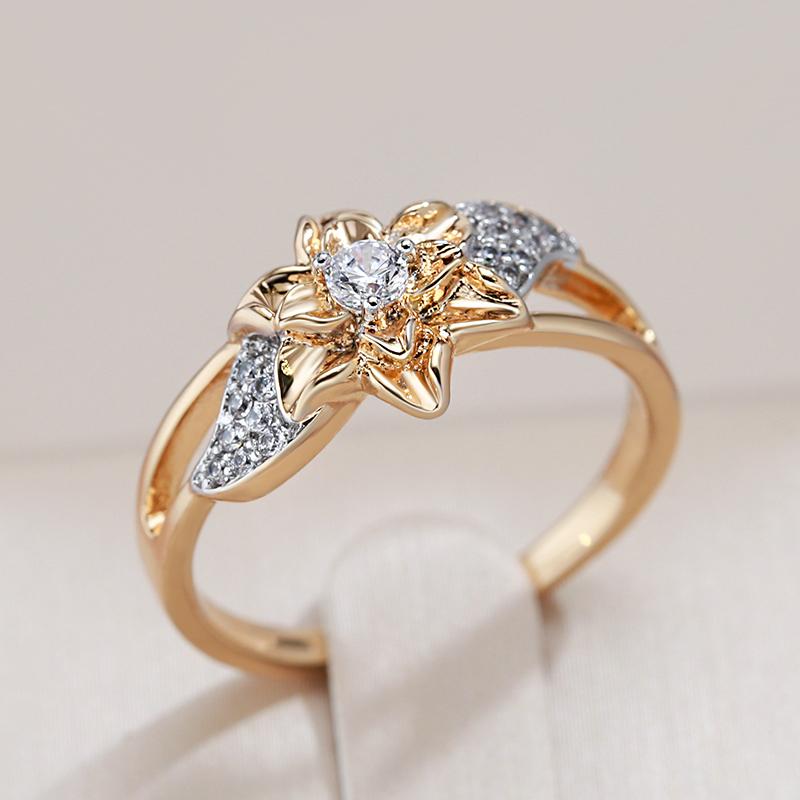 Rose Gold Color Plated Flower Rings For Women Vintage Natural Zircon Bride Wedding Jewelry Luxury Ring
