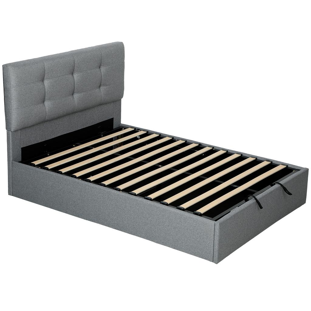 Lit coffre 140x190, Cadre de lit double rembourré avec sommier à lattes en bois et rangement caché, sans matelas, Gris