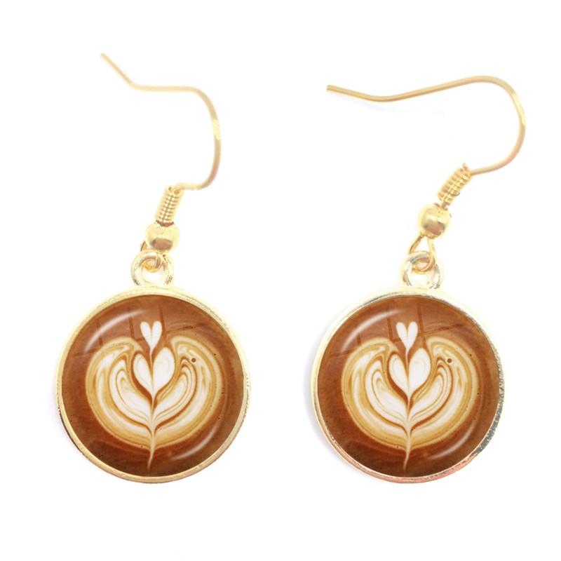Coffee Latte Carving Love Heart Art Drop Earrings Chocolate Printing Flower Charm Jewelry For Women Gift Wholesale