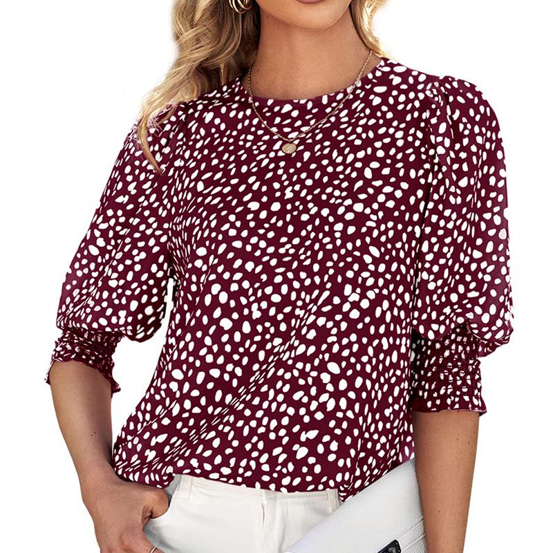 Ladies Summer Elastic Short Sleeve O Neck Dots Breathable Pullover Chiffon T Shirt Top