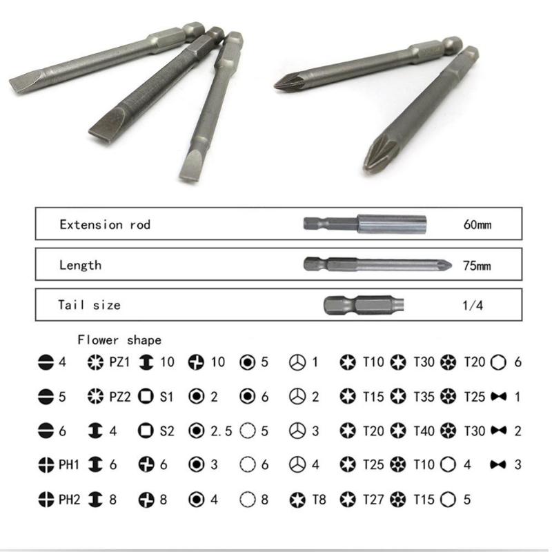2026 New Model Hot Selling 50pcs 75mm Extra Long Reach Set Security Screwdriver Bits Torx Star Hex Bit