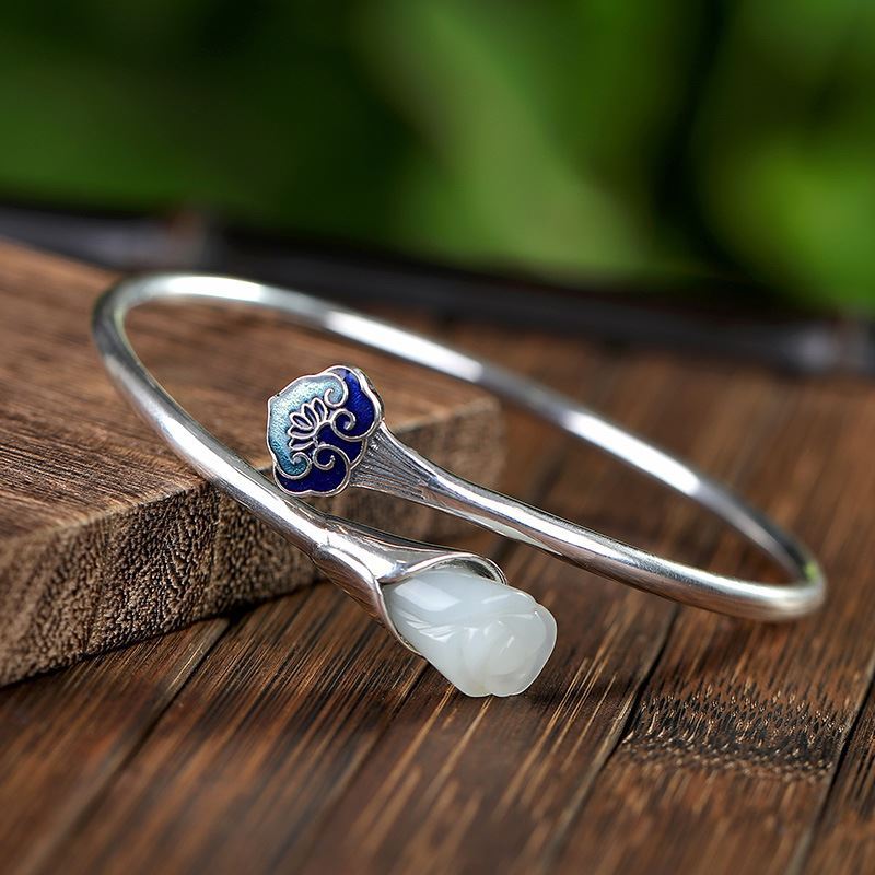 Original Retro Cloisonne Ruyi Auspicious Magnolia Temperament Female Burning Blue Enamel Bracelet Plated with 925 Silver Bracelet