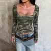 Amerikanisches Retro sexy Camouflage quadratischer Ausschnitt Langarm kurzes T-Shirt schlanke Figur Spice Girl Nischen-Top