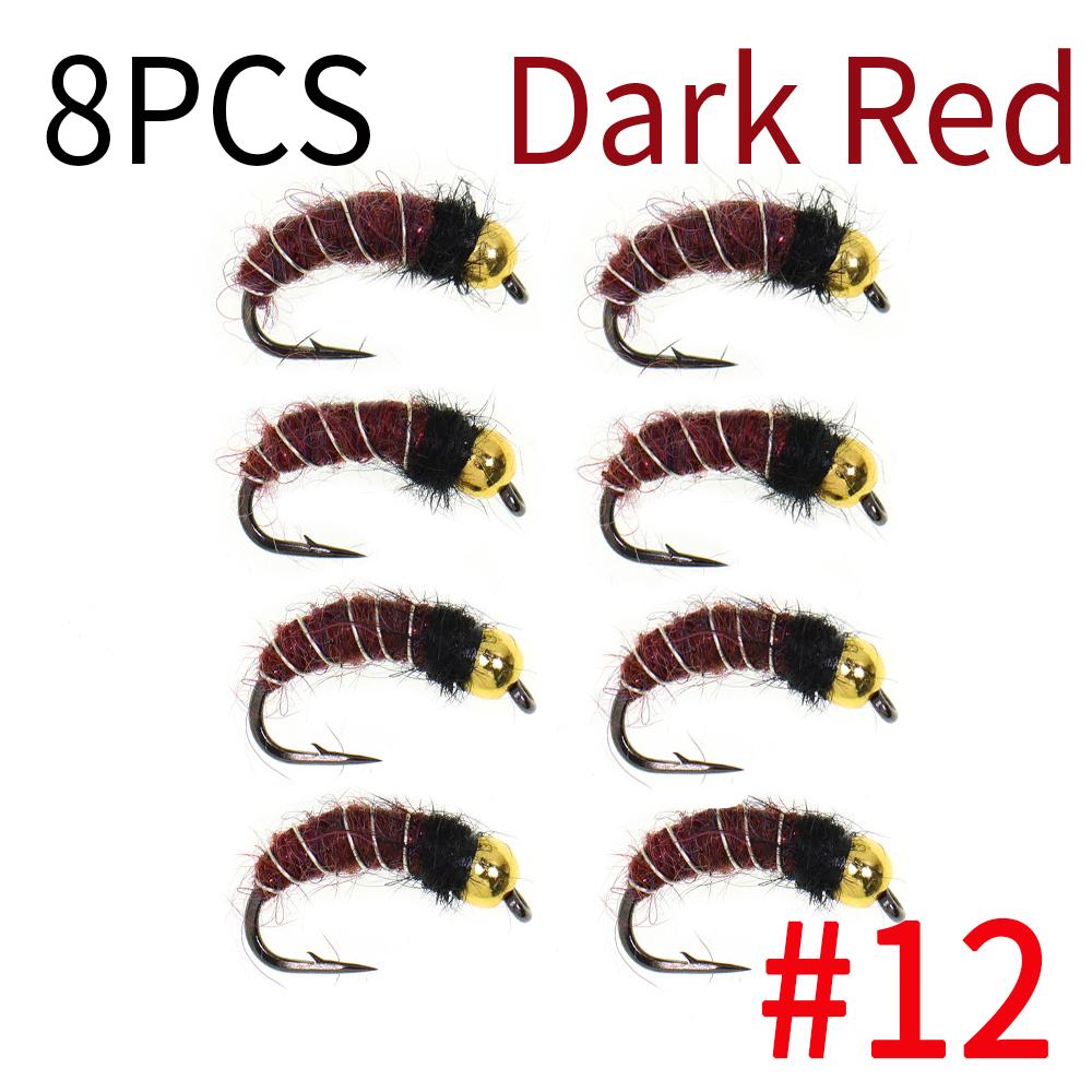6/8 STÜCKE 2 Größen Perlenkopf Köcherfliegenlarve Nymphe Fliege Realistische Bachflohkrebs Insekt Wurm für Forellen Äschen Angelköder (Widerhakenhaken, Schnell sinkend)