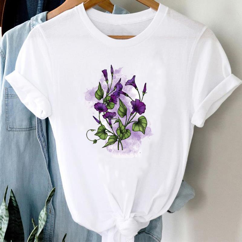 (European Size)  90s Top Fashion Short Sleeve Tee Flower Watercolor Cute Trend T-shirt Women Clothing Casual Print Lady Female Graphic T-shirt