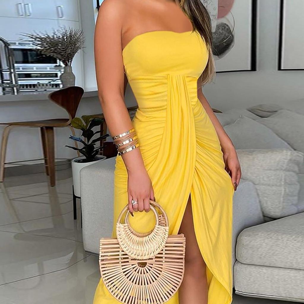 Women's Elegant Summer Dress Tube Top Solid Strapless Long Beach Split Dress Party Club Dress
