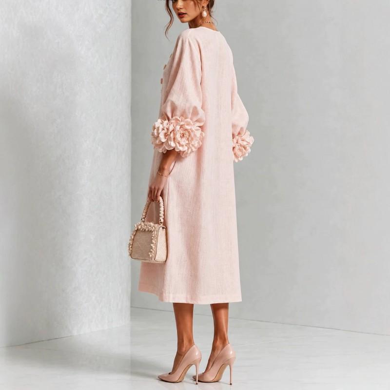 2026 French 3D Floral Lantern Sleeve Button Cotton Linen Midi Dress Women
