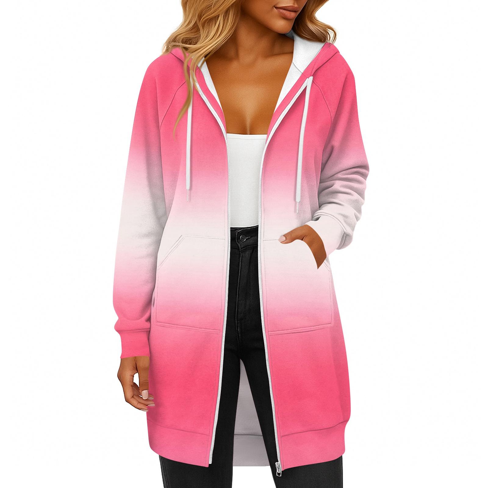 

Женская модная толстовка с длинными рукавами, принтом, капюшоном на кулиске, карманом на молнии, длинная, повседневная XXL розовый