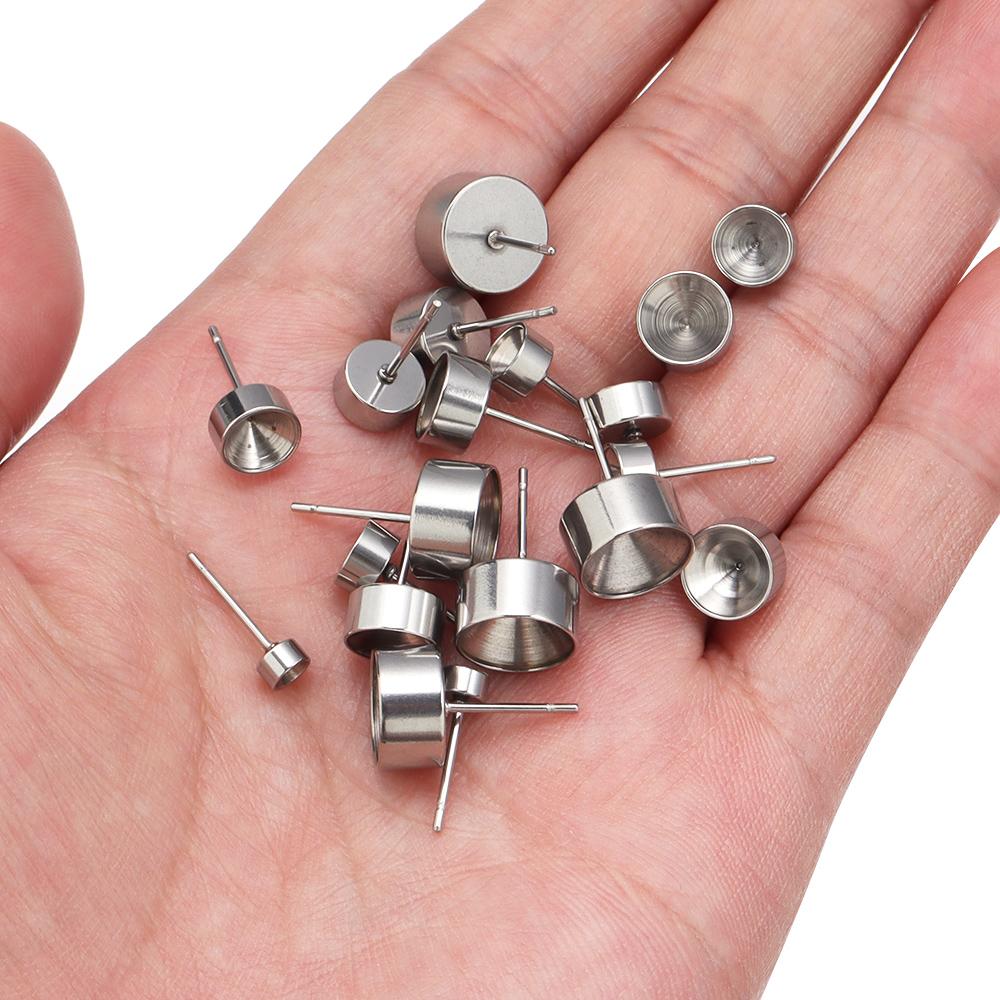 20Pcs Stainless Steel Blank Base Round Tray Post Stud Earrings Settings Fit 4 5 6 7 8 10mm Cabochon For DIY Earrings Jewelry