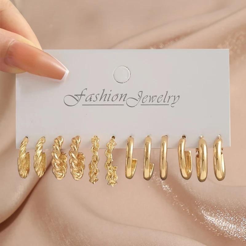 17KM Vintage Gold Color Hoop Earrings Set Pearl Metal Dangle Earrings for Women Crystal Twist Earrings Trendy Fashion Jewelry