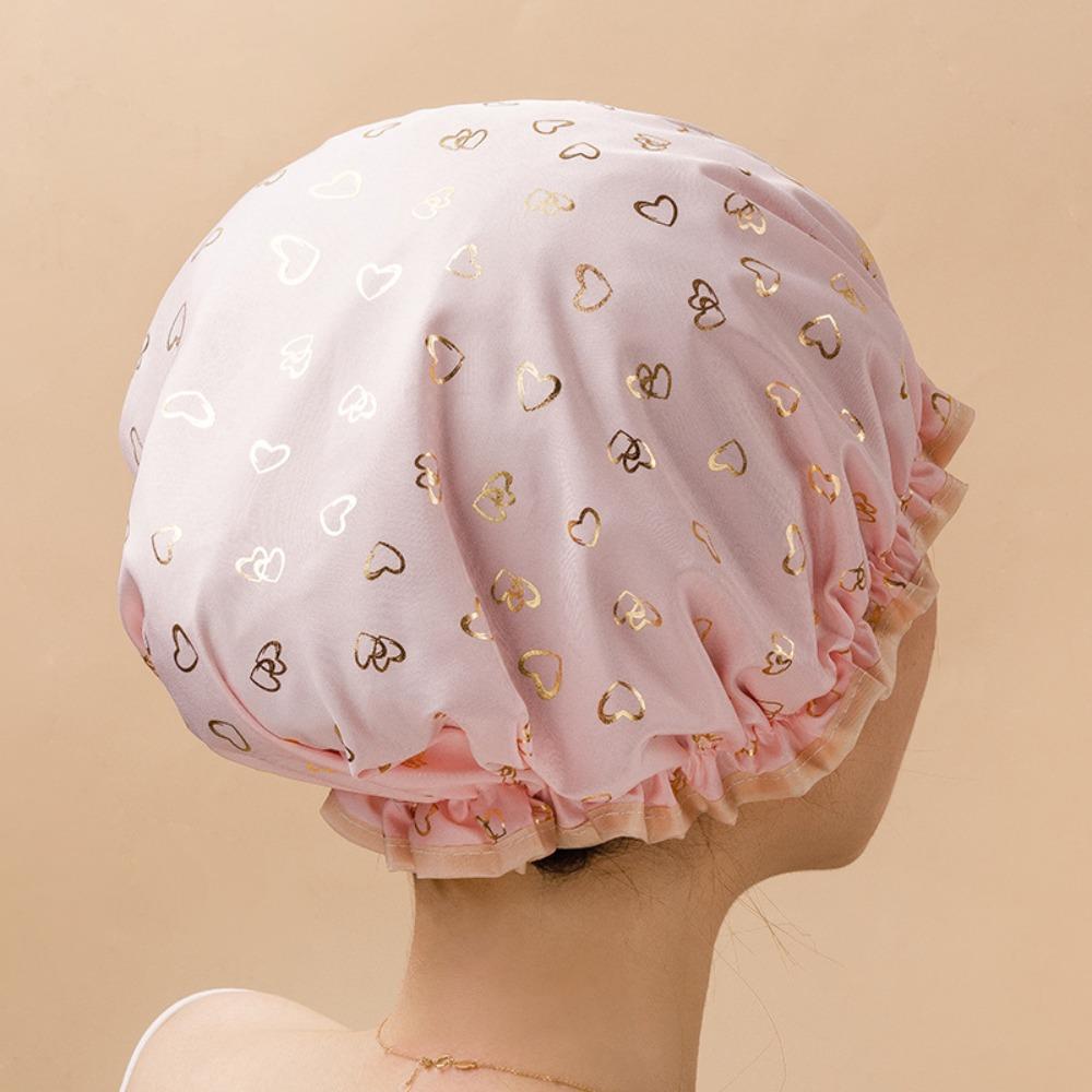 Fashion Waterproof Shower Cap Double Layer Adjustable Shower Hair Cover Reusable Elastic Bathing Hat розовый