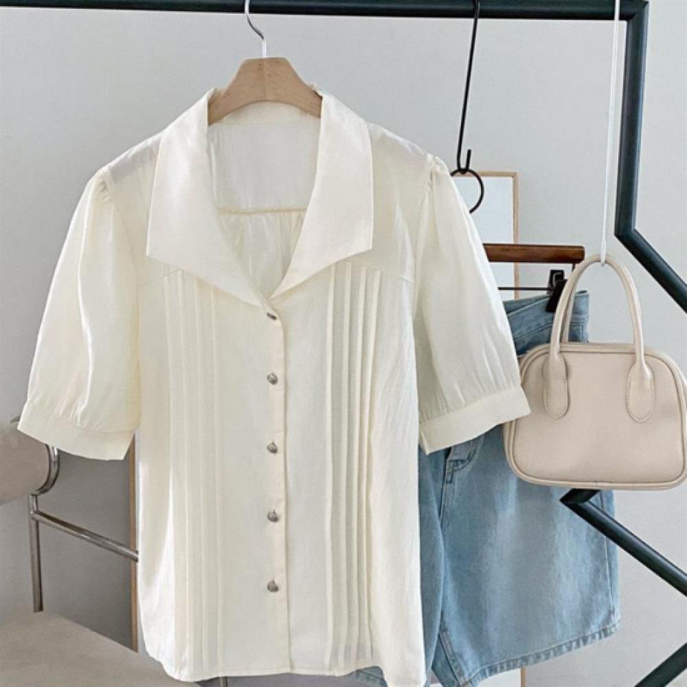 New ArrivalS Open Run Women S Rayon Pintuck Big Collar Short Sleeve blouSe