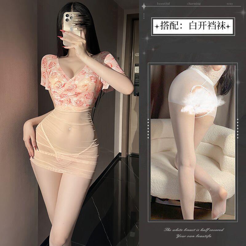 Sex underwear pure desire wind nightdress backless hip skirt floral sexy temptation deep V clothing