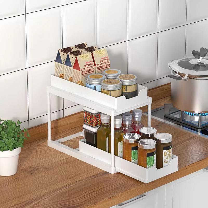 Bathroom & Kitchen Accessories Stackable Plastic 2 Tier Under Sink Cabinet Shelf Pull Out Drawer Sliding Spice Rack Organizer